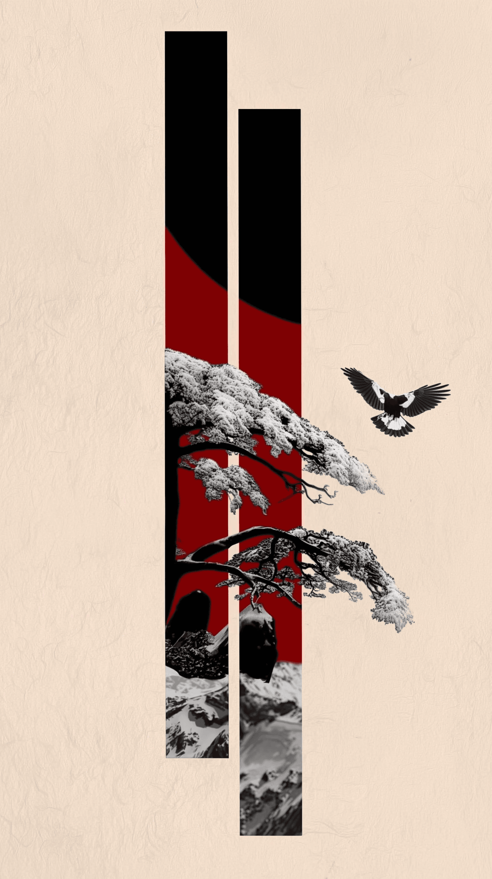snowy pine tree and a soaring bird